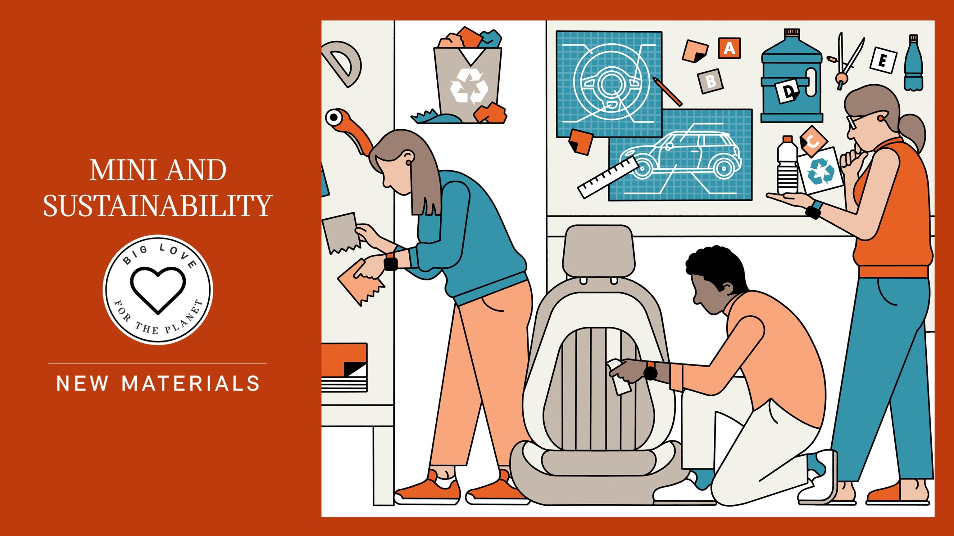 Illustration that shows three interior designers from MINI during their work in their studio. Illustration that shows three interior designers from MINI during their work in their studio.